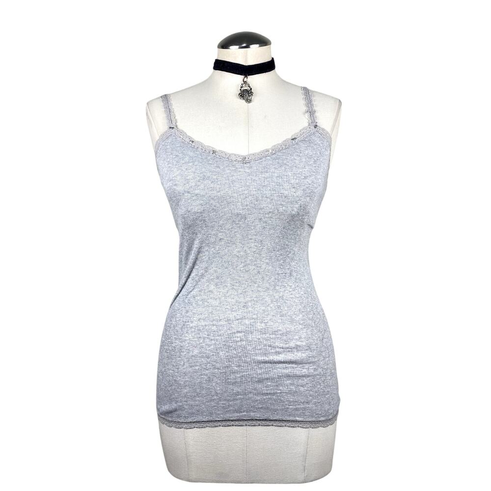 Sequin Lace Gray Built In Tank Top Coquette Grunge Y2K Lace Trim Cami Sz M